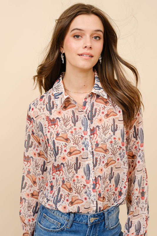 Western Print Chiffon Button Up