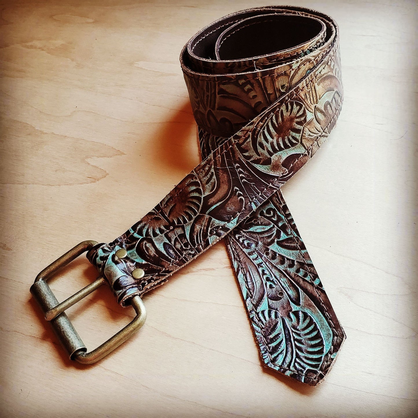 Turquoise Brown Floral Leather Belt